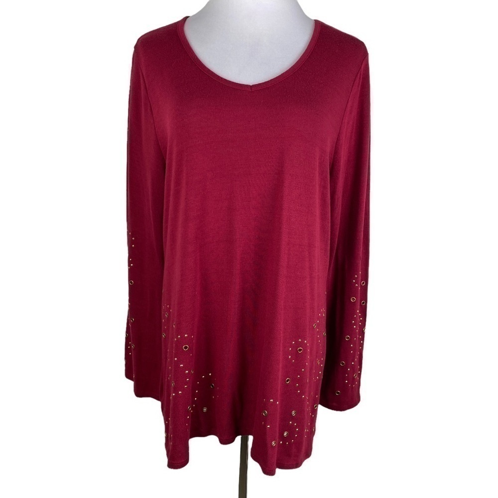 Belldini Burgundy Gold Studs Grommets V-Neck Tunic Top Sweater‎ Women's 1X